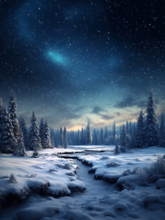 Generative AI : Empty night nature scene The night starry sky the rays of the blue neon spotlight Snowy winter night backgroundの素材