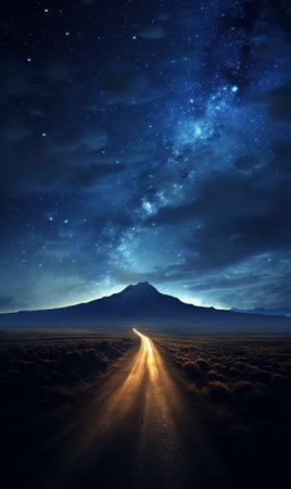 Generative AI : A road leading to distance in a mountain valley with milky way in the backgroungの素材