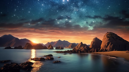 Generative AI : Arched Milky Way over the beautiful mountains and blue sea at night in summer Colorful landscape with bright starry sky with Milky Way arch moonlight constellationの素材