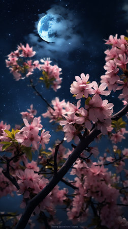 Generative AI : Beautiful cherry blossom sakura flowers with Milky Way star in night skies full moon Retro style artwork with vintage color toneElements of this moon image furnisheの素材