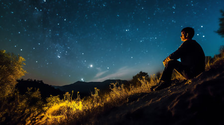 Generative AI : A man sitting on a bench staring at a starry sky with a Milky Way and a mountain landscapeの素材