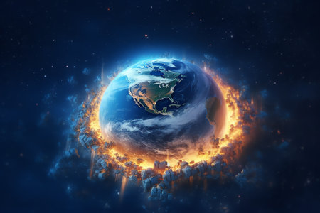 Generative AI : Beautiful blue planet earth with yellow city lights on the starry background in outer spaceの素材