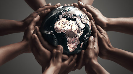 Generative AI : Conceptual symbol of multiracial human hands surrounding the Earth globe Unity world peace humanity concept World environment day Earth Day concept Elements of thisの素材