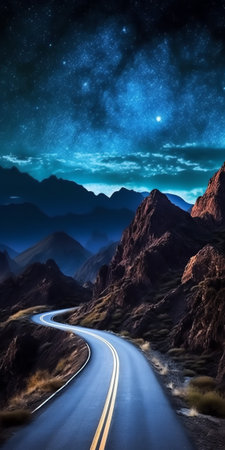 Generative AI : A road leading to distance in a mountain valley with milky way in the backgroungの素材