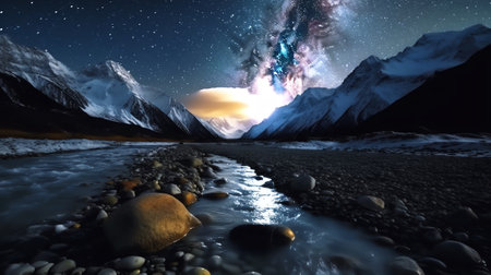 Generative AI : Beautiful night skyMountains rivers stars and the Milky Wayの素材
