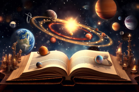 Generative AI : Book of the universe opened magic book with planets and galaxies Elements of this image furnished by NASAの素材