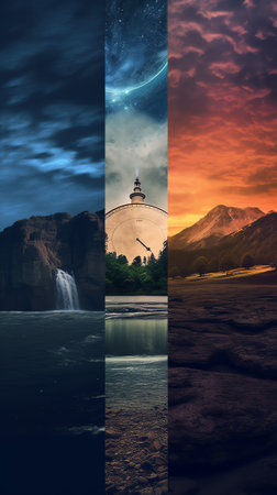 Generative AI : Different times of day dawn and sunset day and night Concept of continuous flow of time and unity and struggle of opposites Elements of this image furnished by NASAの素材