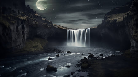 Generative AI : Front view of mulagljufur canyon with arched rocky formations surrounded by green trees growing under starry night sky located in icelandの素材