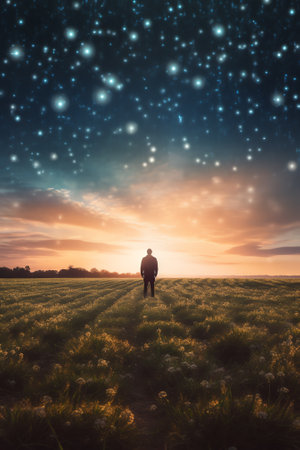 Generative AI : A silhouette of a man with a torch in a field looking at lights on the horizon on a moody misty night With a galaxy of stars overheadの素材