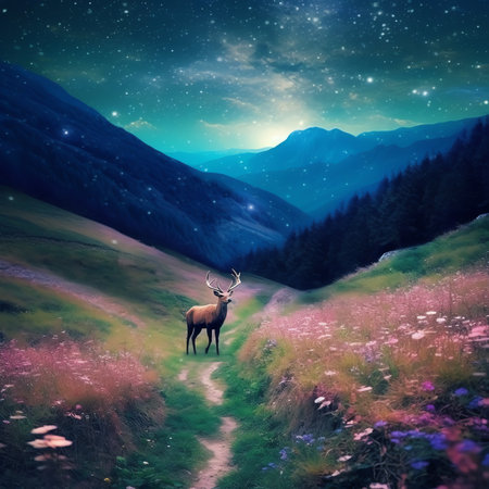 Generative AI : Arched Milky Way over the mountain dirt road in summer Beautiful night landscape with starry sky milky way arch trail in mountain village hills green grass and purpの素材