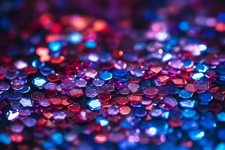 Generative AI : Color glitter overlay Blur sparkles Bokeh light Night sky stars reflection Neon blue magenta pink grain texture glow on dark black shimmering abstract backgroundの素材