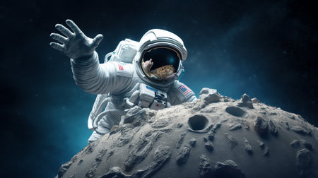 Generative AI : Astronaut sits on his knee on the lunar surface and pours blue earths soil through his fingers Planet Earth rise at the horizon Elements of this image furnished byの素材