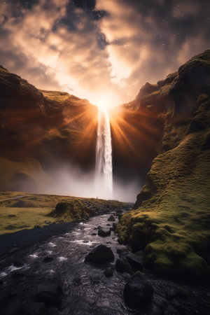 Generative AI : Front view of mulagljufur canyon with arched rocky formations surrounded by green trees growing under starry night sky located in icelandの素材