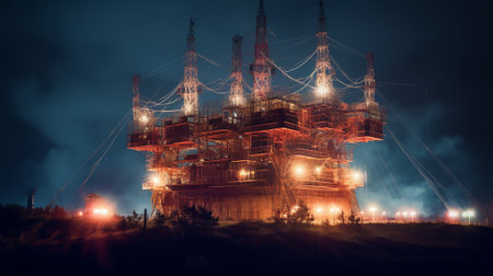 Generative AI : From below wonderful view of media antenna and silhouettes of electricity high voltage power towers against night city on horizon and gorgeous Milky Way in clear skの素材