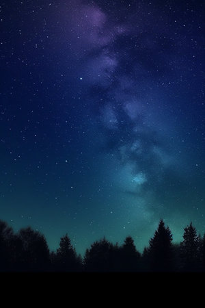 Generative AI : Blue dark night sky with many stars above field of trees Yellowstone park Milkyway cosmos backgroundの素材