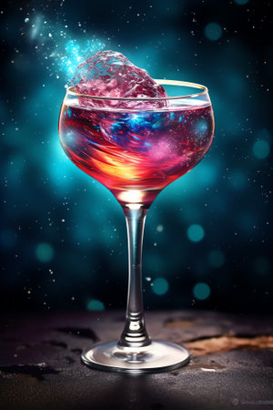 Generative AI : A refreshing drink called galaxy drink with a mix of purple and pink colors is very charming served in an attractive glass cupの素材