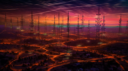 Generative AI : From below wonderful view of media antenna and silhouettes of electricity high voltage power towers against night city on horizon and gorgeous Milky Way in clear skの素材