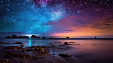 Generative AI : Beautiful Picture of the Galactic Core of Milky Way Galaxy Photographed at Wharariki Beach New Zealand Long Exposure of Stars Astrophotographyの素材