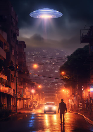 Generative AI : Amazing fantastic background extraterrestrial aliens spaceship fly above small town ufo with blue spotlights in dark stormy sky Elements of this image furnished byの素材