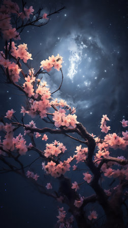 Generative AI : Beautiful cherry blossom sakura flowers with Milky Way star in night skies full moon Retro style artwork with vintage color toneElements of this moon image furnisheの素材