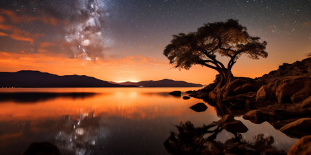 Generative AI : A beautiful shot of the Milky Way galaxy at a starry night over the Lake Moogerah in Australiaの素材