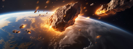 Generative AI : Big and small asteroids near planet Earth Potentially hazardous asteroids PHAs Asteroids in outer space near Earth planet Meteorit is solar system Elements of thisの素材