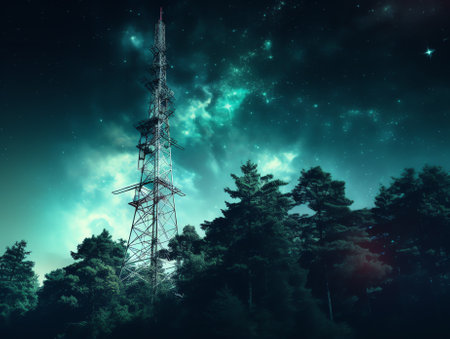 Generative AI : From below wonderful view of media antenna and silhouettes of electricity high voltage power towers against night city on horizon and gorgeous Milky Way in clear skの素材