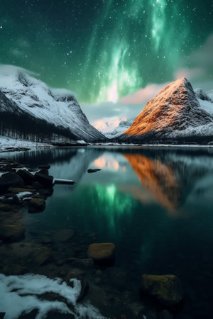 Generative AI : Bright Milky Way over snow covered mountains and sea at night in winter in Norway Landscape with snowy rocks starry sky reflection in water fjord Lofoten Islands Spの素材