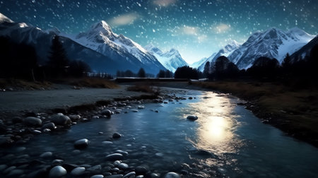 Generative AI : Beautiful night skyMountains rivers stars and the Milky Wayの素材