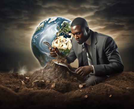 Generative AI : Businessman in suit protects the planet earth taking care of the climate Elements of this image furnished by NASAの素材