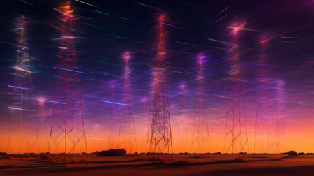Generative AI : From below wonderful view of media antenna and silhouettes of electricity high voltage power towers against night city on horizon and gorgeous Milky Way in clear skの素材