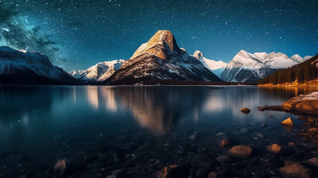 Generative AI : Bright Milky Way over snow covered mountains and sea at night in winter in Norway Landscape with snowy rocks starry sky reflection in water fjord Lofoten Islands Spの素材