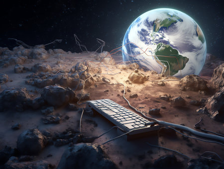 Generative AI : Earth Hour event Power button in dark outer space Stars and dark space Elements of this image furnished by NASAの素材