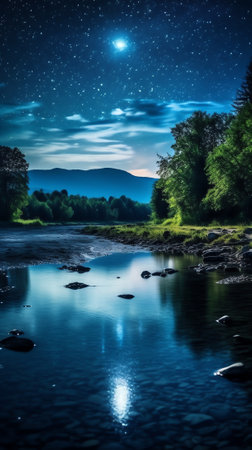Generative AI : Beautiful night skyMountains rivers stars and the Milky Wayの素材