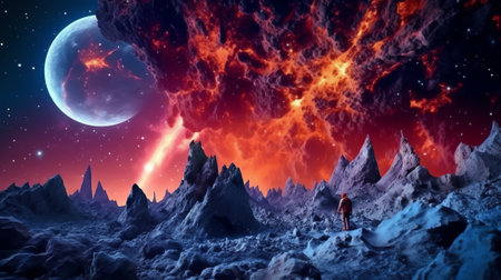 Generative AI : Astronaut planets star clusters in the light of a blue star Deep space landscape Science fiction art Image in 5K for desktop wallpaper Elements of the image were fuの素材