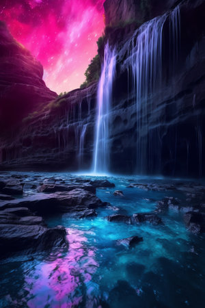 Generative AI : Colorful waterfall with milky wayの素材