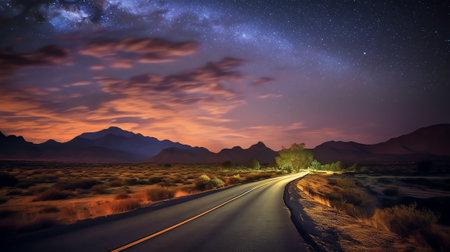 Generative AI : A road leading to distance in a mountain valley with milky way in the backgroungの素材