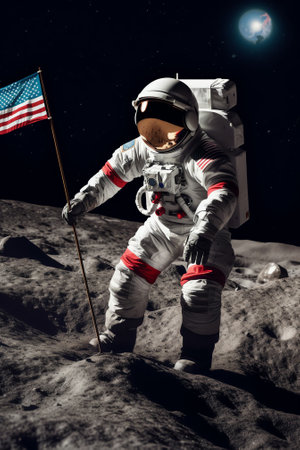 Generative AI : Astronaut holding an American flag on moon surface with earth and outer space on the background Elements of this image furnished by NASAの素材