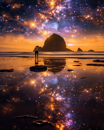 Generative AI : Beautiful Picture of the Galactic Core of Milky Way Galaxy Photographed at Wharariki Beach New Zealand Long Exposure of Stars Astrophotographyの素材