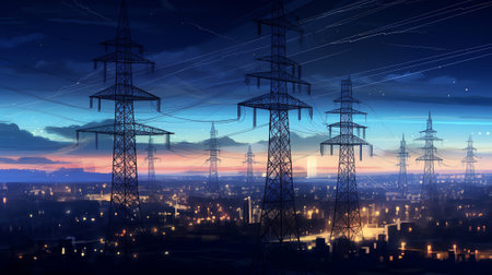 Generative AI : From below wonderful view of media antenna and silhouettes of electricity high voltage power towers against night city on horizon and gorgeous Milky Way in clear skの素材