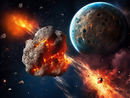 Generative AI : Big and small asteroids near planet Earth Potentially hazardous asteroids PHAs Asteroids in outer space near Earth planet Meteorit is solar system Elements of thisの素材