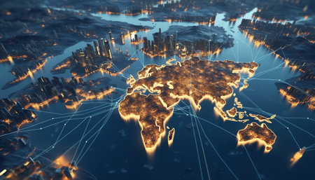 Generative AI : Flight routes airplanes connection and world map on laptop computer screen on table over cityscape on warm light sundown Airplane transportation network Elements ofの素材