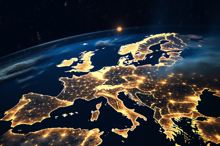 Generative AI : Earth photo at night City Lights of Europe Middle East Turkey Italy Black Sea Mediterrenian Sea from space World map globe Satellite HD photo Elements of this imageの素材