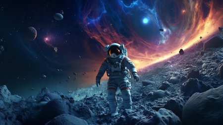 Generative AI : Astronaut planets star clusters in the light of a blue star Deep space landscape Science fiction art Image in 5K for desktop wallpaper Elements of the image were fuの素材