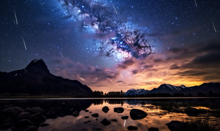Generative AI : Acrhed Milky Way over beautifull rocks at starry night in summer in Dolomites Italy Purple sky with stars and bright milky way arch over high alpine rocky mountainsの素材
