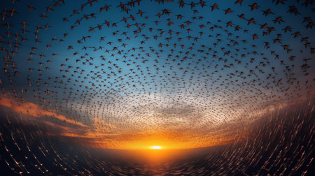 Generative AI : A flock of starling birds in the sky in the background full moon Elements of this image furnished by NASAの素材