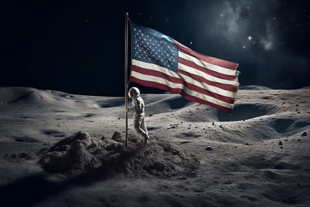 Generative AI : Astronaut holding an American flag on moon surface with earth and outer space on the background Elements of this image furnished by NASAの素材