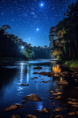 Generative AI : Beautiful night skyMountains rivers stars and the Milky Wayの素材
