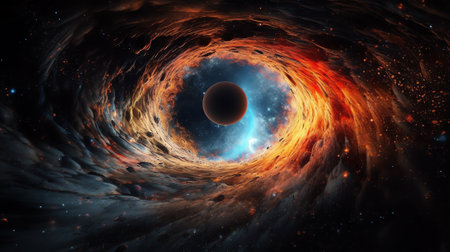 Generative AI : Background of fantasy alien galaxy with orange and blue glowing clouds and stars Black hole core between different parts of space Portal to other dimension Elementsの素材