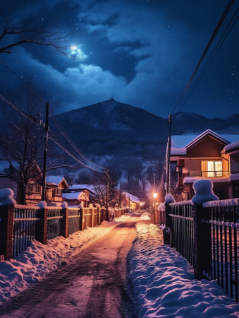 Generative AI : Empty night nature scene The night starry sky the rays of the blue neon spotlight Snowy winter night backgroundの素材